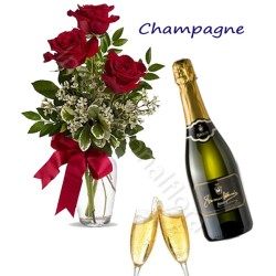 Bottiglia di Champagne con Bouquet di 3 Rose rosse