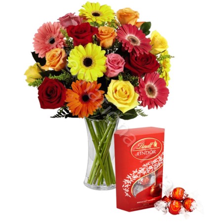 Bouquet di Rose e Gerbere colorate con scatola di Lindor