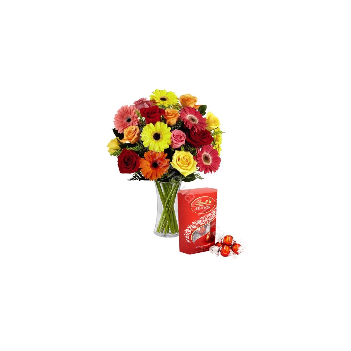 Bouquet di Rose e Gerbere colorate con scatola di Lindor