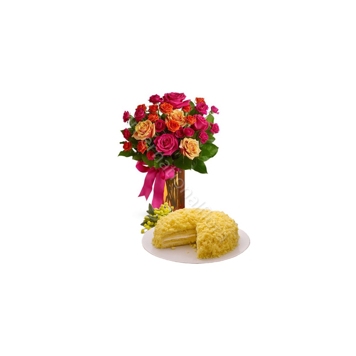 Torta Mimosa con Bouquet di Roselline