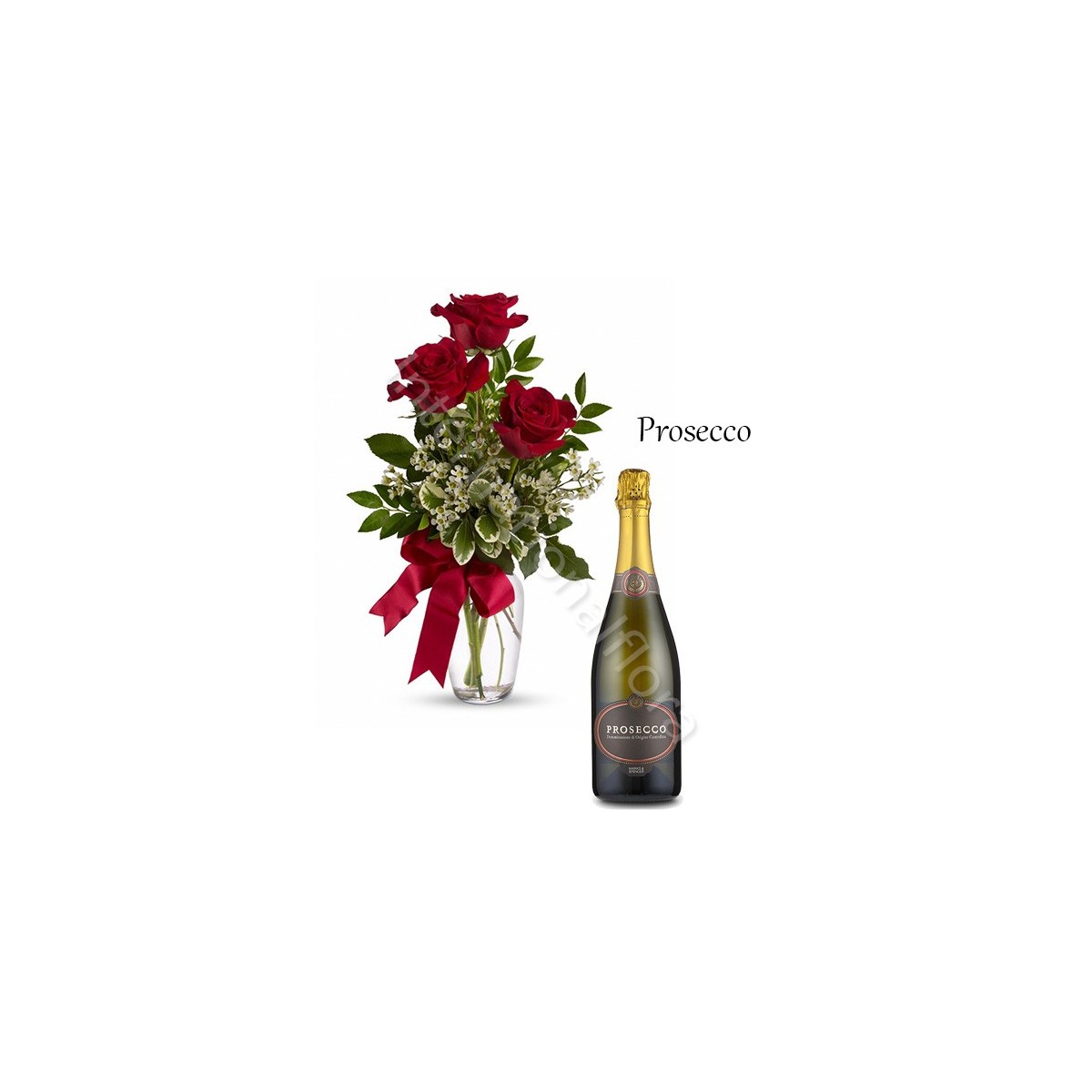 Bottiglia di Prosecco con Bouquet di 3 Rose rosse