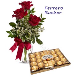 Scatola di Ferrero Rocher con Bouquet di 3 Rose rosse