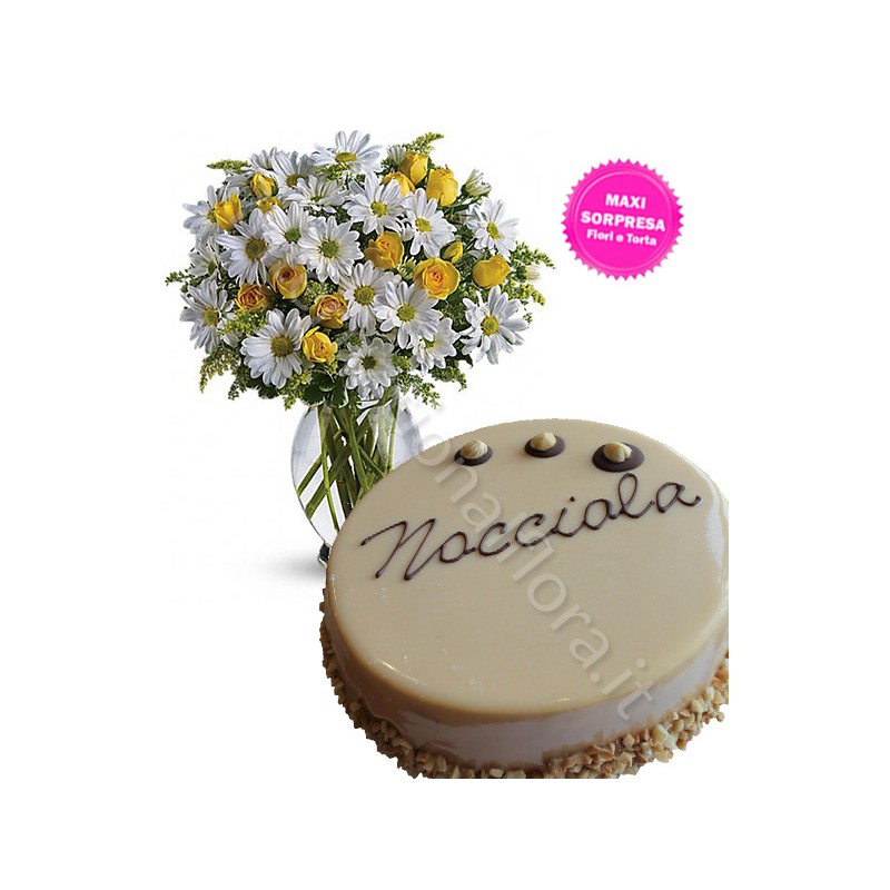 Torta crema Nocciola con Bouquet di Margherite e Roselline internationalflora.com