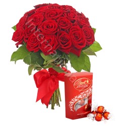 Bouquet di 18 Rose rosse con scatola di Lindor