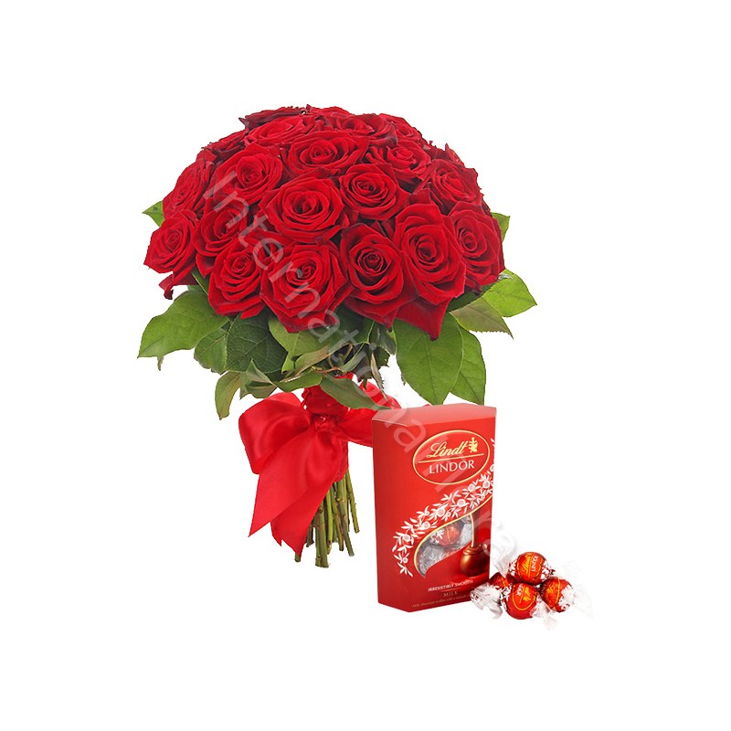 Bouquet di 18 Rose rosse con scatola di Lindor internationalflora.com