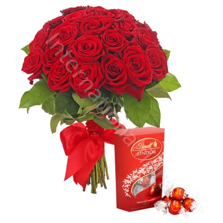 Bouquet di 18 Rose rosse con scatola di Lindor