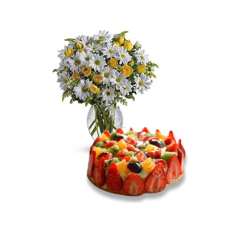 Torta alla Frutta con Bouquet di Margherite e Roselline internationalflora.com