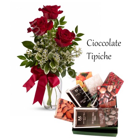 Cesto con Cioccolato e Bouquet di 3 Rose rosse