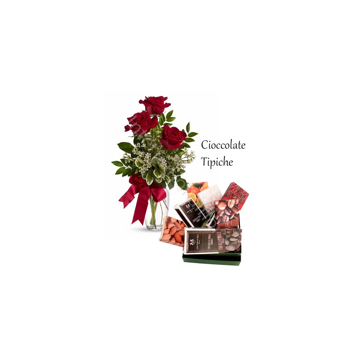 Cesto con Cioccolato e Bouquet di 3 Rose rosse