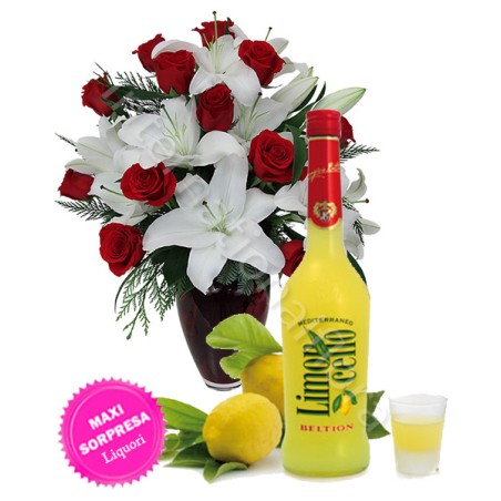Bottiglia di Limoncello con Bouquet di Rose e Gigli