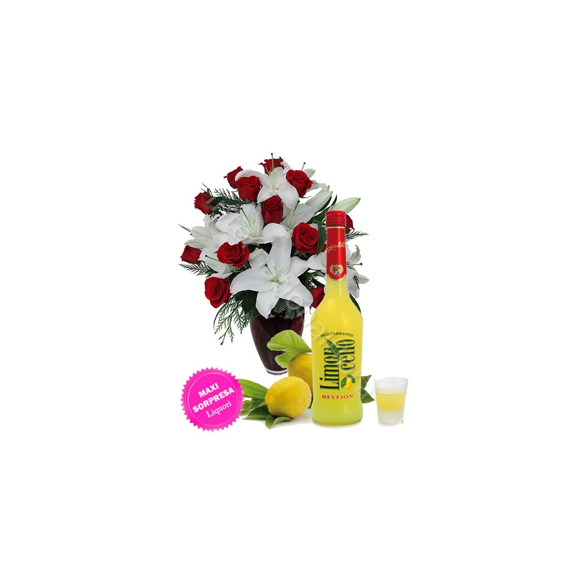 Bottiglia di Limoncello con Bouquet di Rose e Gigli
