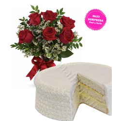 Torta alla Crema con Bouquet di sei Rose rosse internationalflora.com