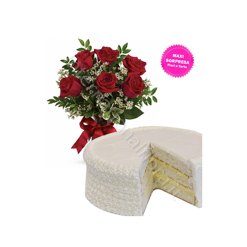 Torta alla Crema con Bouquet di sei Rose rosse internationalflora.com