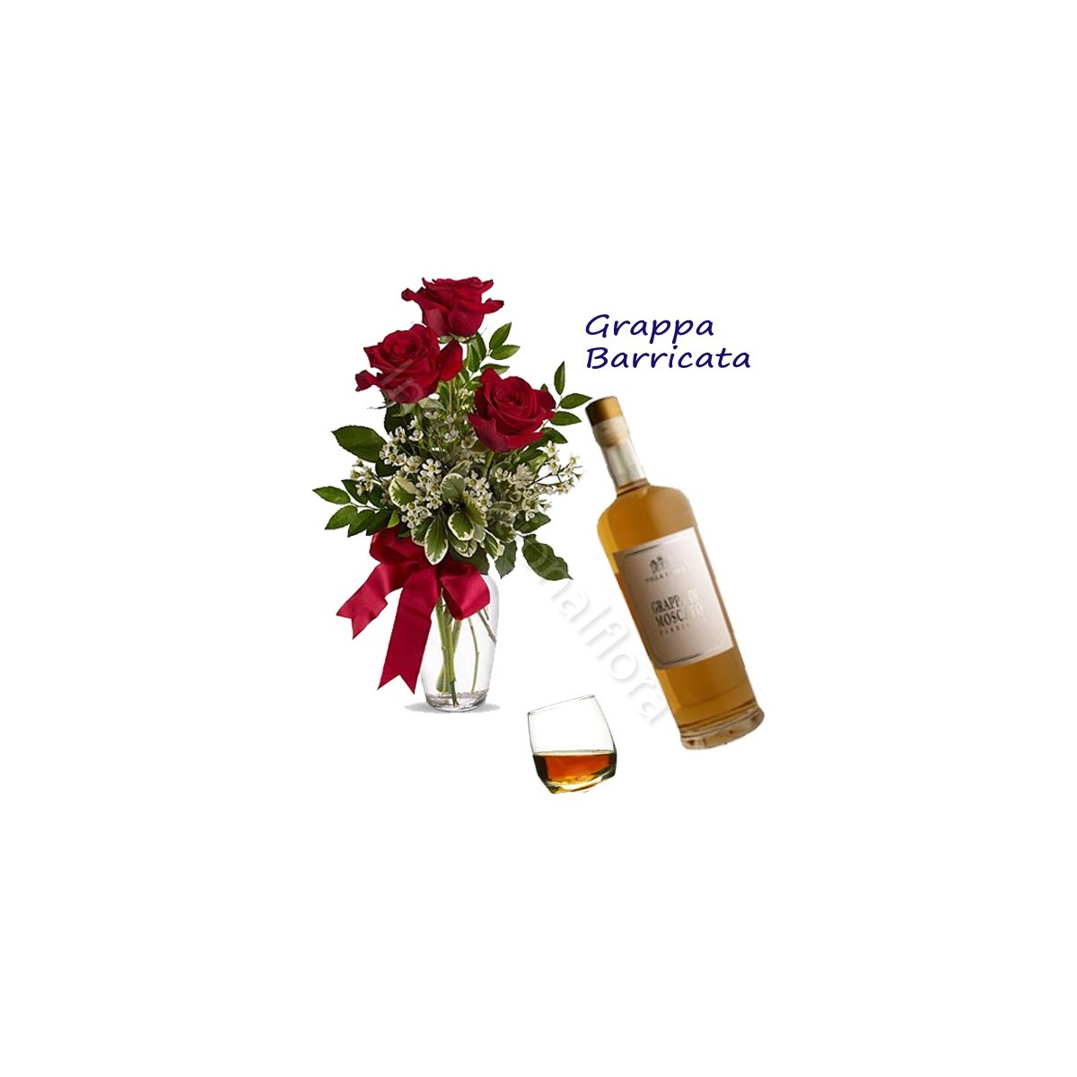 Bottiglia di Grappa Barricata con Bouquet di 3 Rose rosse