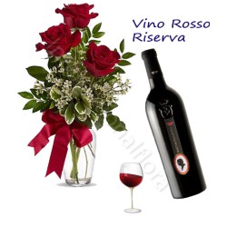 Bottiglia di Vino Rosso Riserva con Bouquet di 3 Rose rosse
