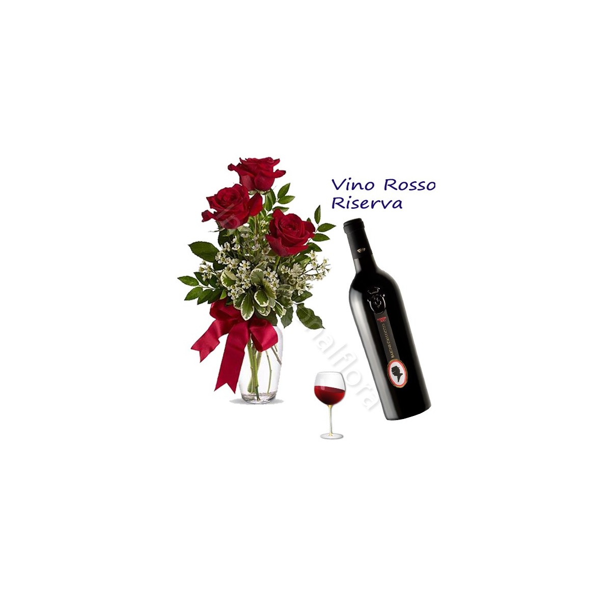 Bottiglia di Vino Rosso Riserva con Bouquet di 3 Rose rosse