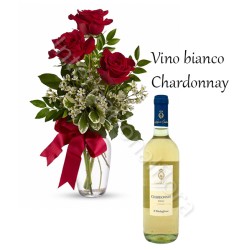 Bottiglia di Vino Bianco Chardonnay con Bouquet di 3 Rose rosse