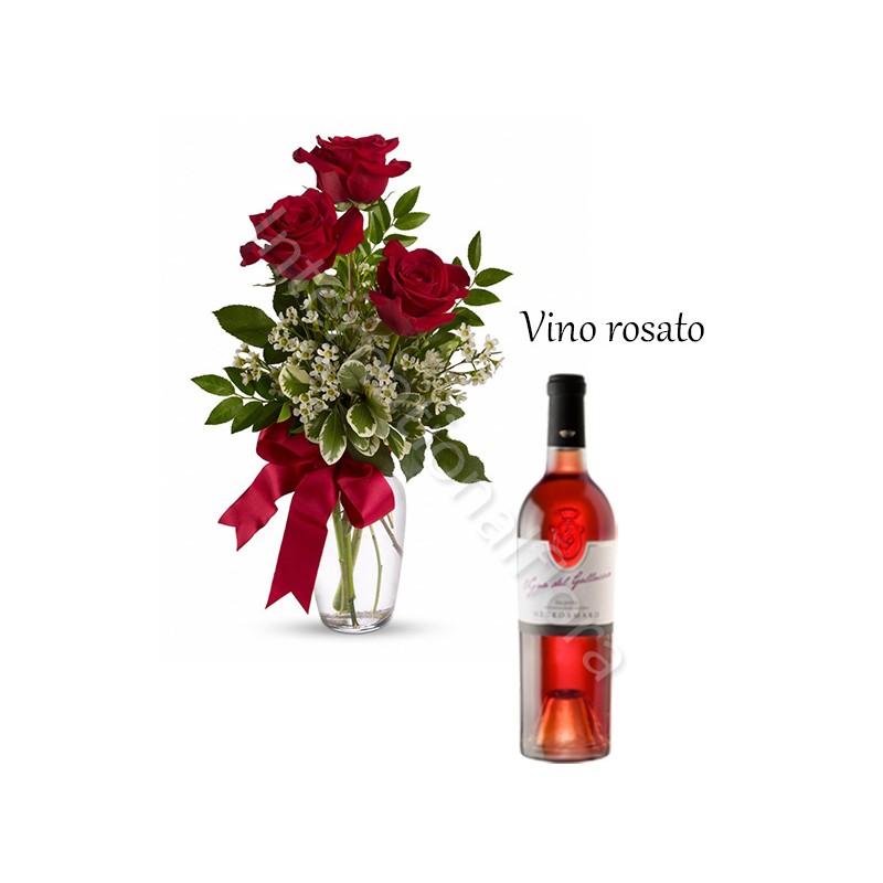 Bottiglia di Vino Rosato con Bouquet di 3 Rose rosse