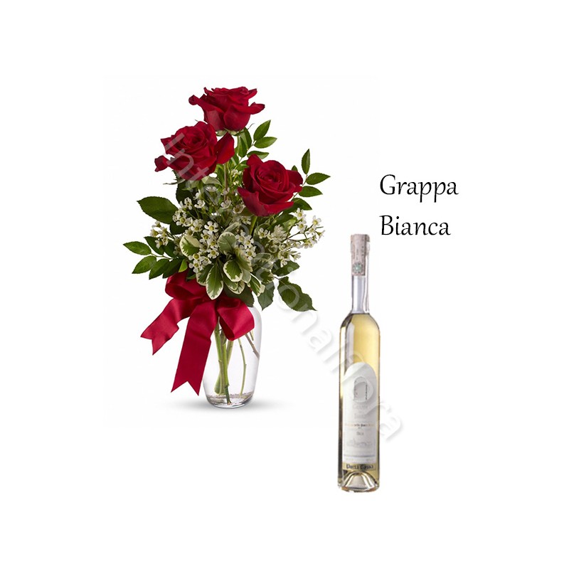 Bottiglia di Grappa Bianca con Bouquet di 3 Rose rosse