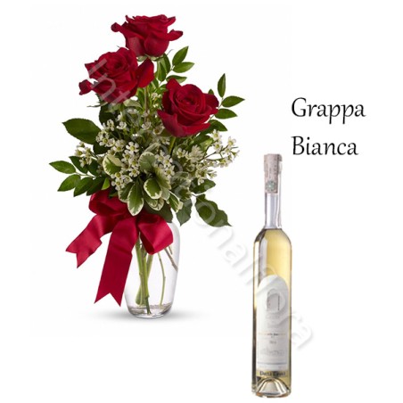 Bottiglia di Grappa Bianca con Bouquet di 3 Rose rosse