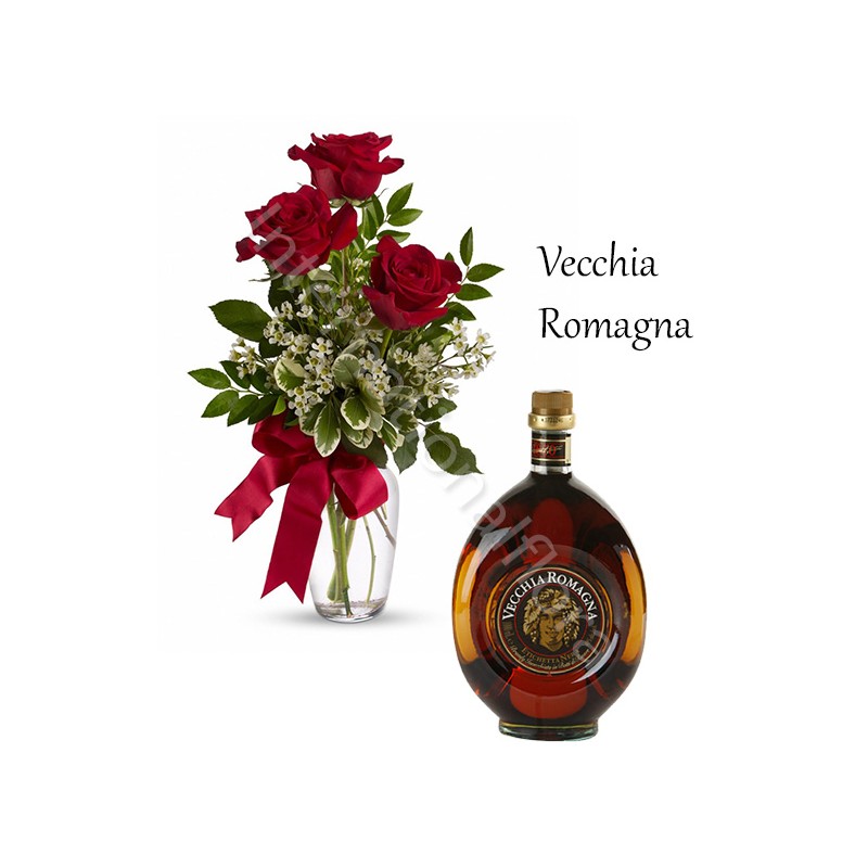 Bottiglia di Vecchia Romagna con Bouquet di 3 Rose rosse internationalflora.com