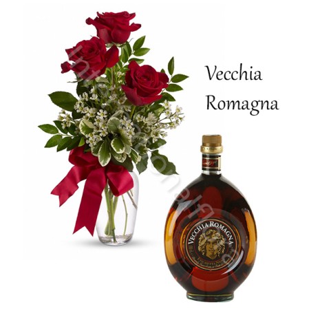 Bottiglia di Vecchia Romagna con Bouquet di 3 Rose rosse