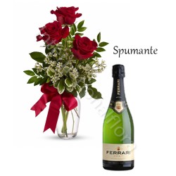 Bottiglia di Spumante con tre Rose rosse