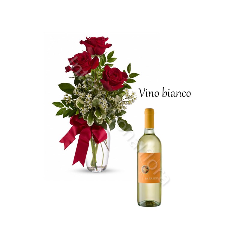Bottiglia di Vino Bianco con Bouquet di 3 Rose rosse