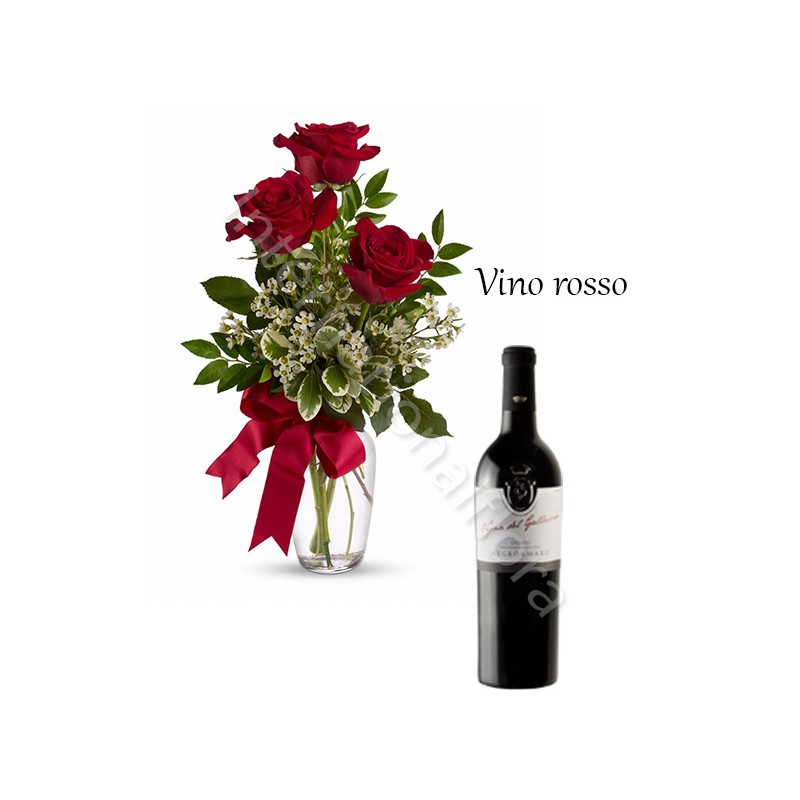 Bottiglia di Vino Rosso con Bouquet di 3 Rose rosse internationalflora.com