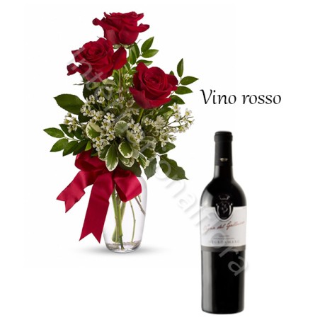 Bottiglia di Vino Rosso con Bouquet di 3 Rose rosse