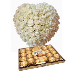 Cuore di 100 Rose bianche con Ferrero Rocher