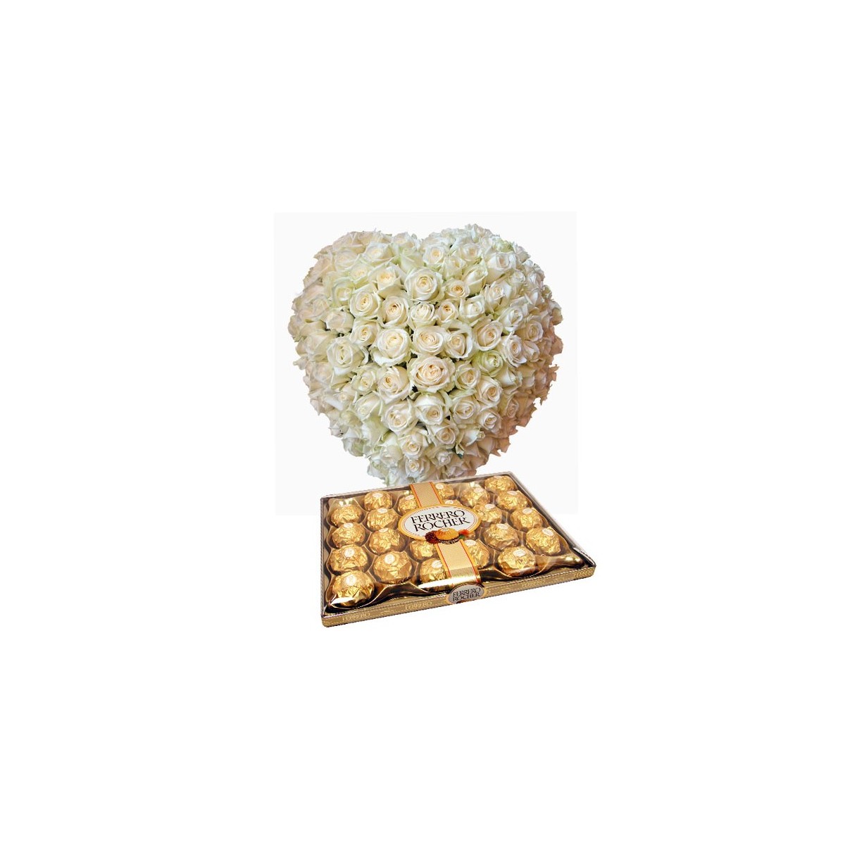 Cuore di 100 Rose bianche con Ferrero Rocher