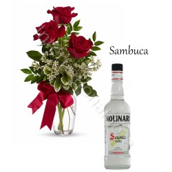 Bottiglia di Sambuca con Bouquet di 3 Rose rosse