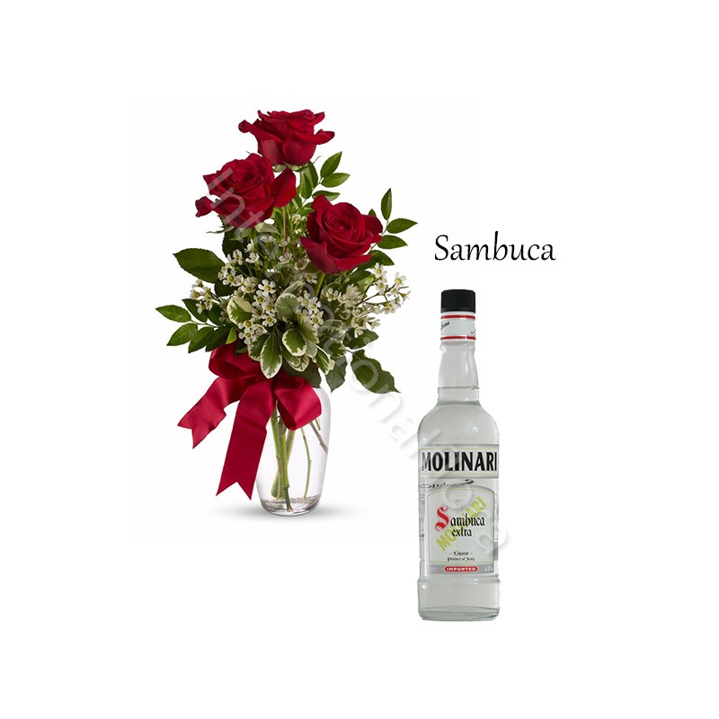 Bottiglia di Sambuca con Bouquet di 3 Rose rosse internationalflora.com