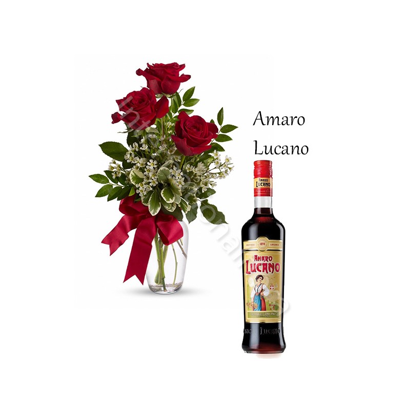 Bottiglia di Amaro con Bouquet di 3 Rose rosse internationalflora.com