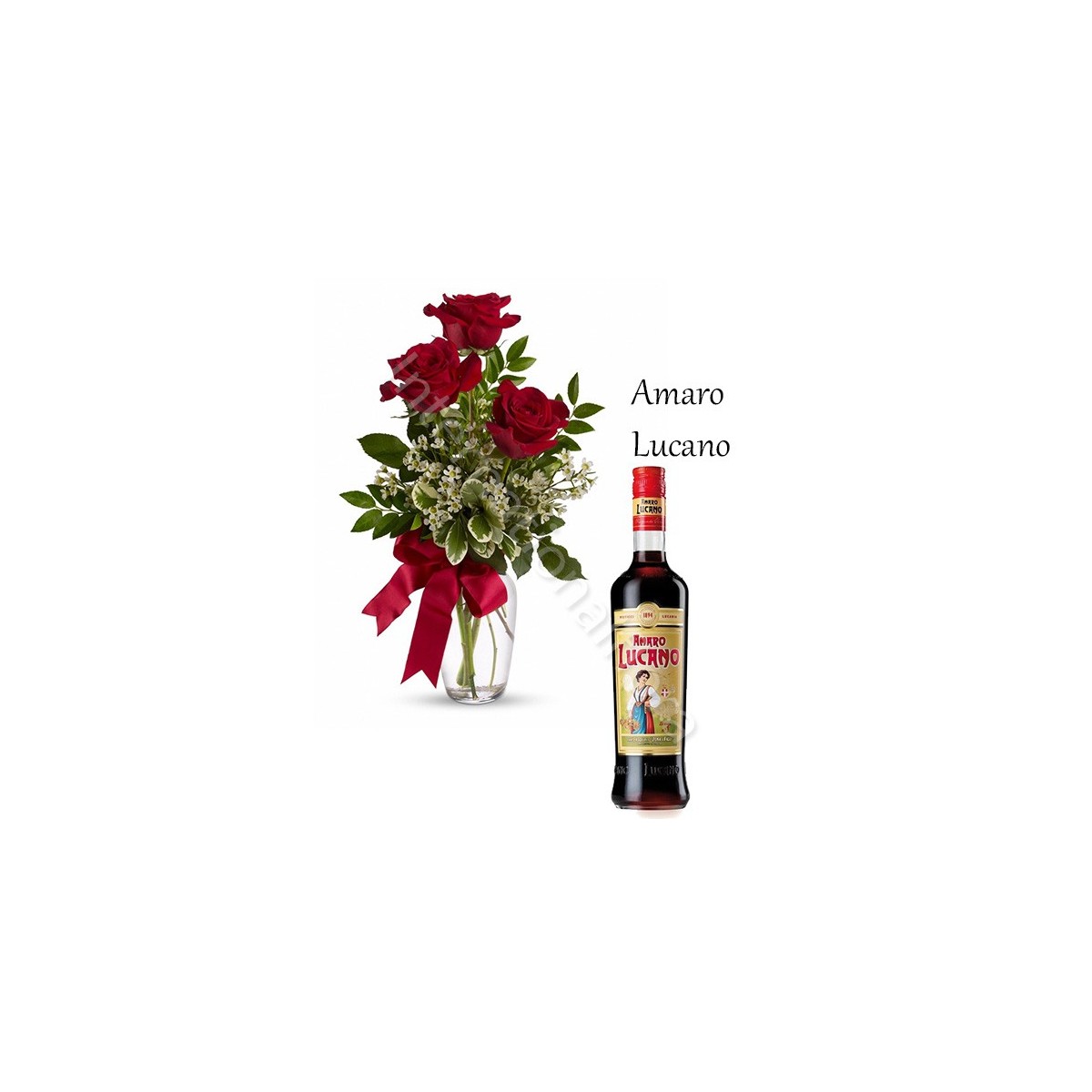 Bottiglia di Amaro con Bouquet di 3 Rose rosse