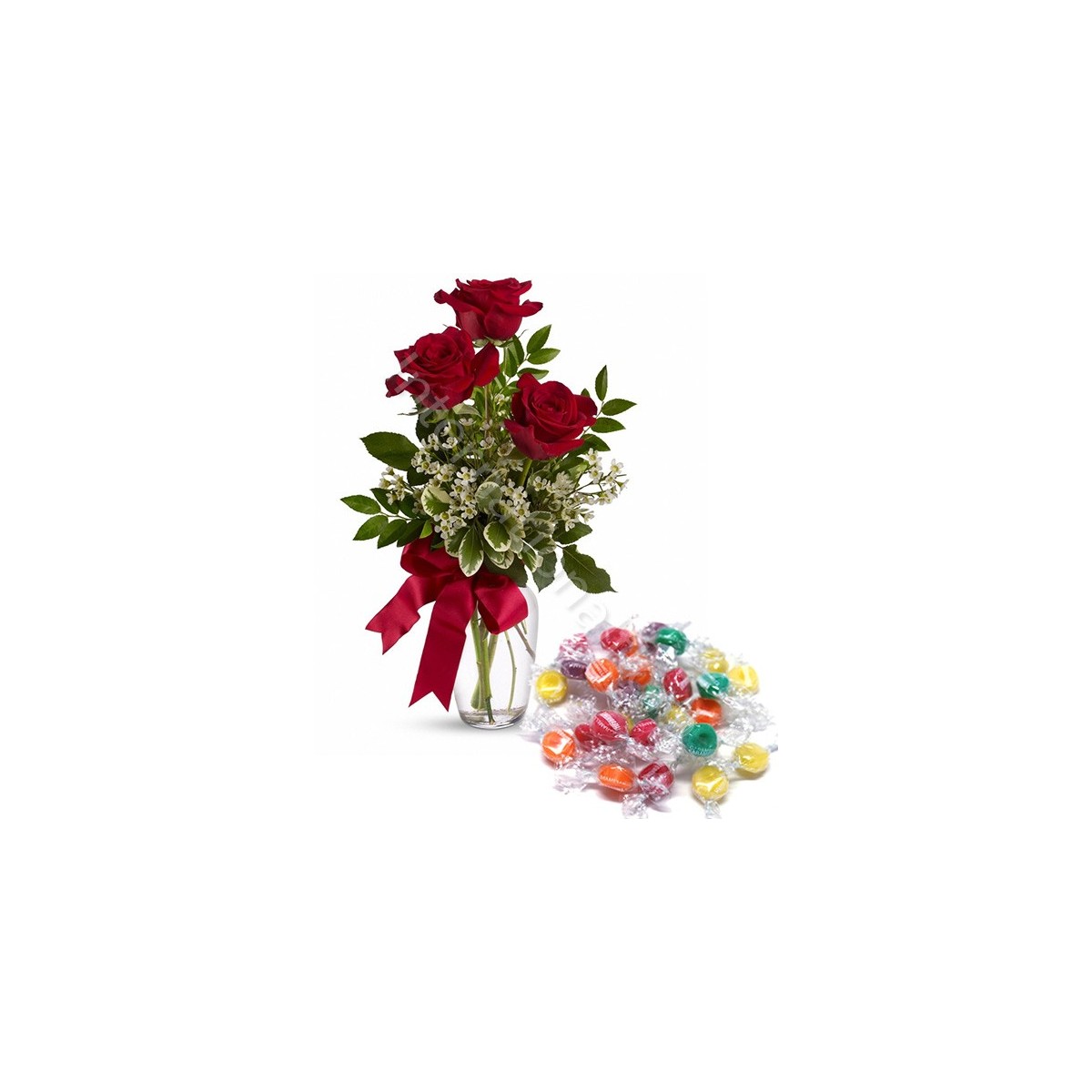 Bouquet di tre Rose rosse con Caramelle