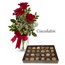 Scatola di Cioccolatini con Bouquet di 3 Rose rosse