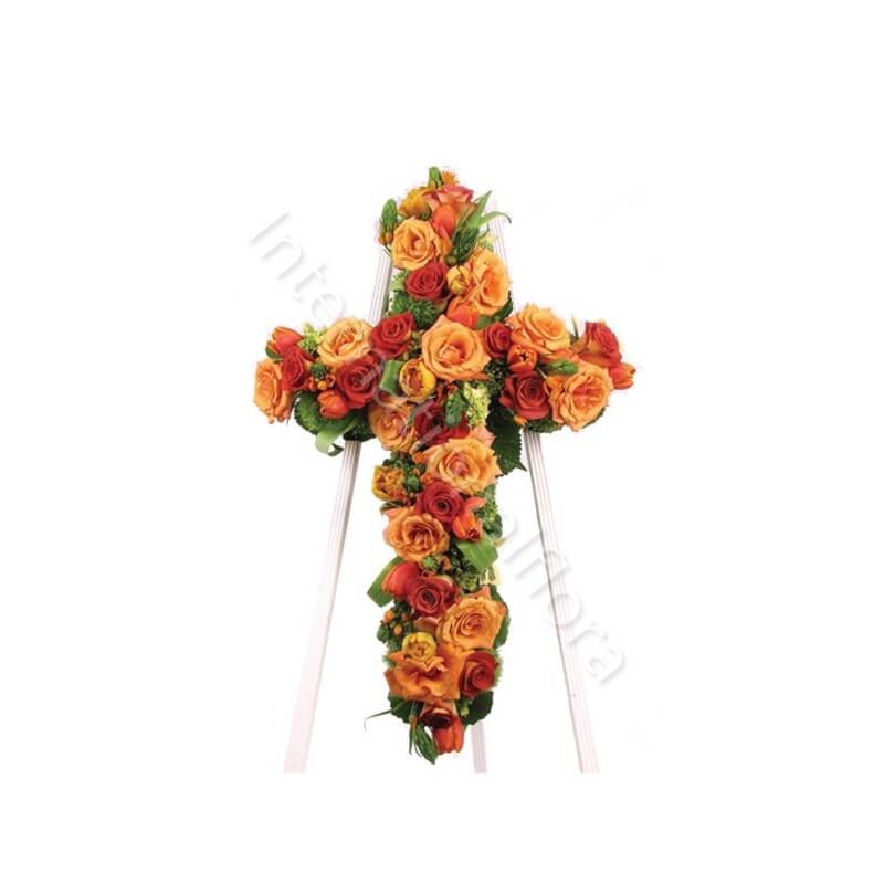 Croce funebre di Rose rosse e arancio internationalflora.com
