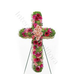 Croce funebre di Rose rosa e Gerbere rosse