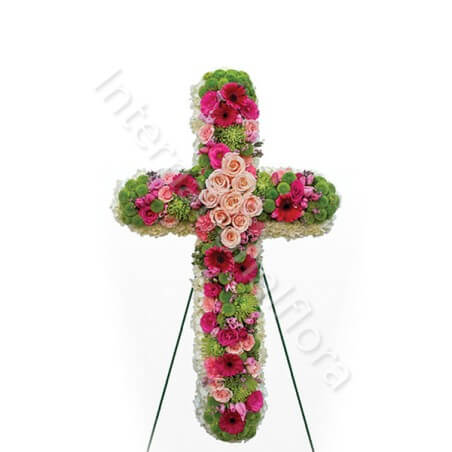 Croce funebre di Rose rosa e Gerbere rosse